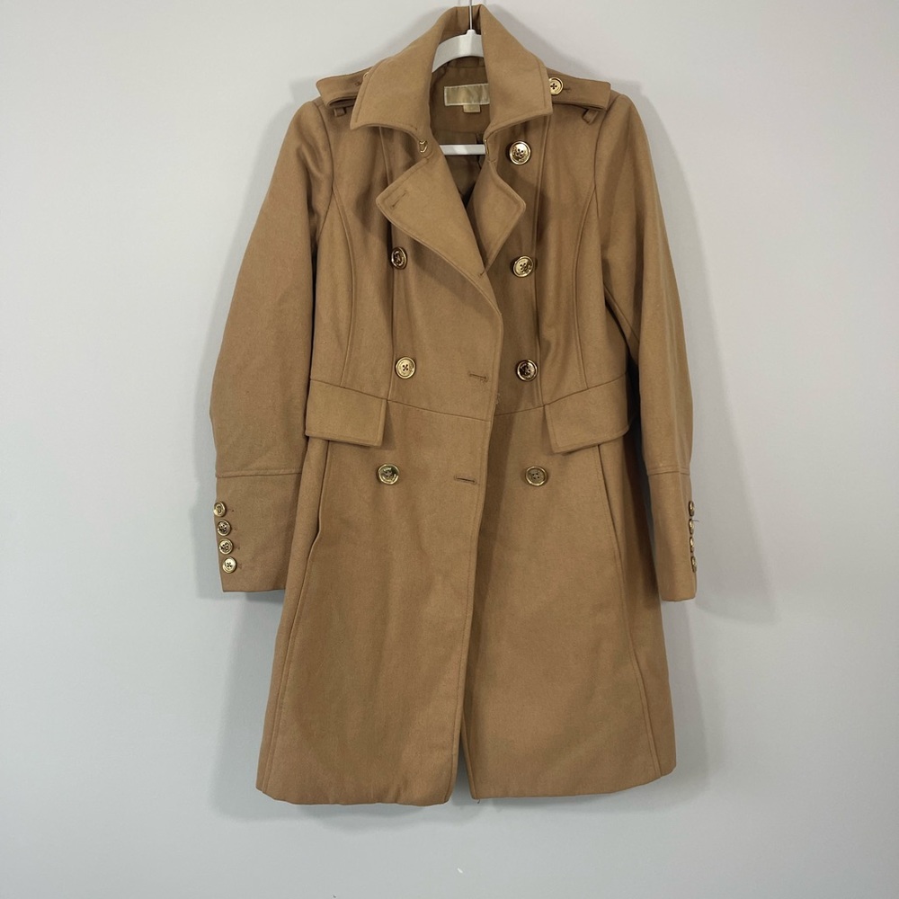 Micheal Kors Camel Brown Gold Button Knee Length Trench Pea Coat